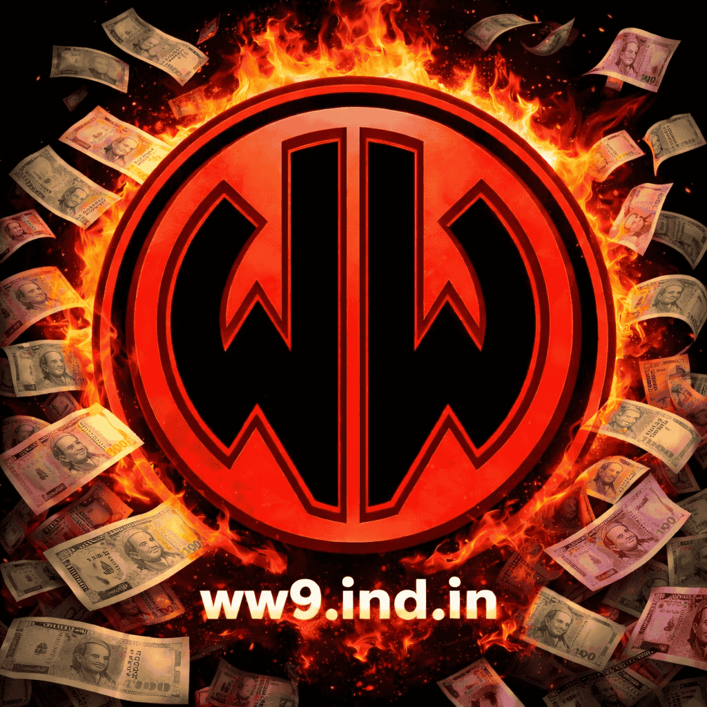 WW9 game logo with fire effect and Indian rupee notes, ww9.ind.in official gaming platform