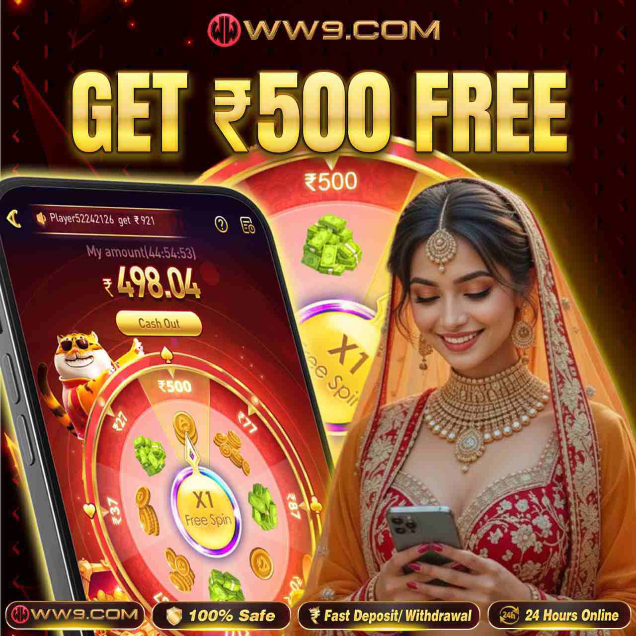 WW9 game app showing ₹500 free bonus, spin wheel rewards, ww9 apk download, ww9 login and fast withdrawal