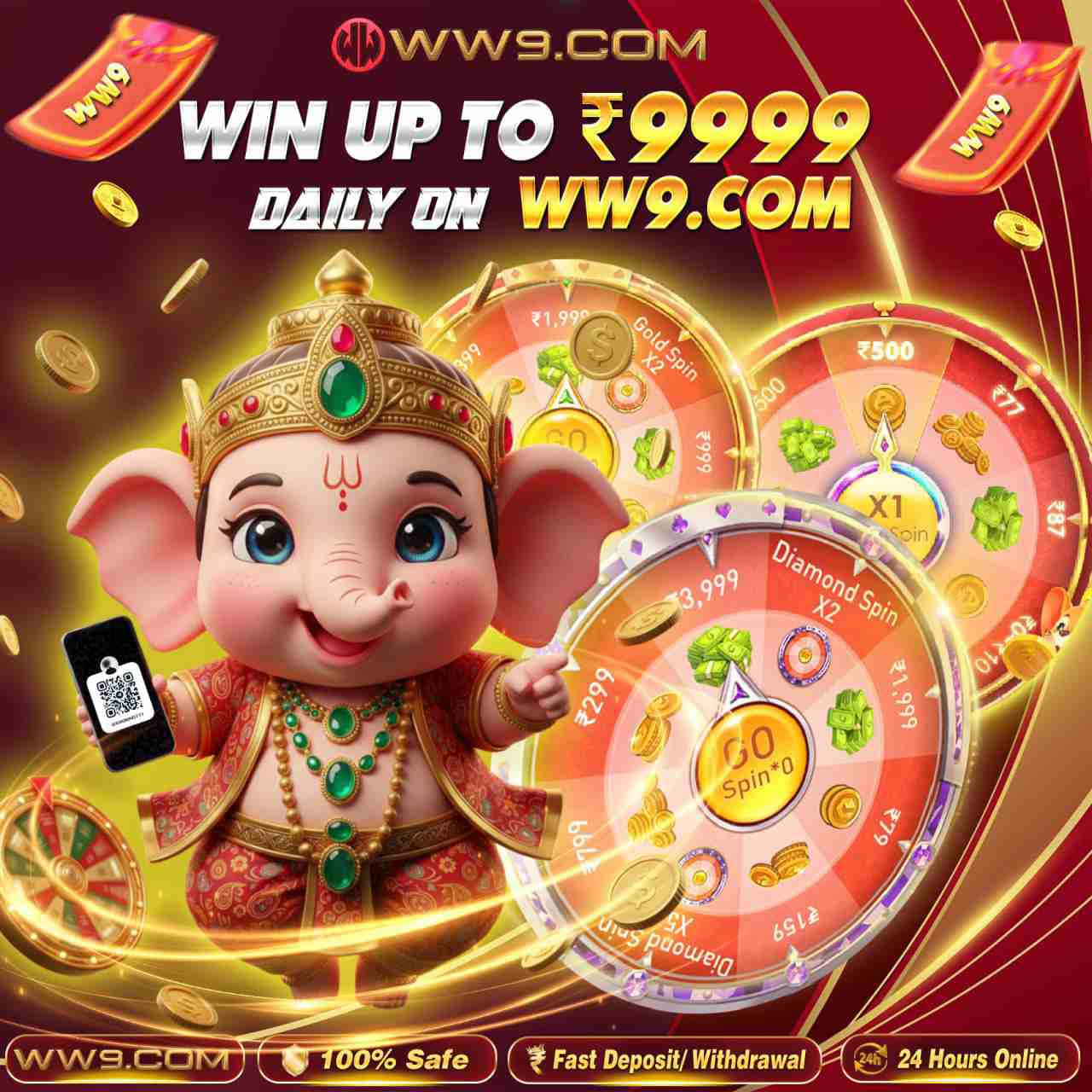 WW9 download banner showing win up to ₹9999 daily with spin game and fast withdrawal on ww9.com