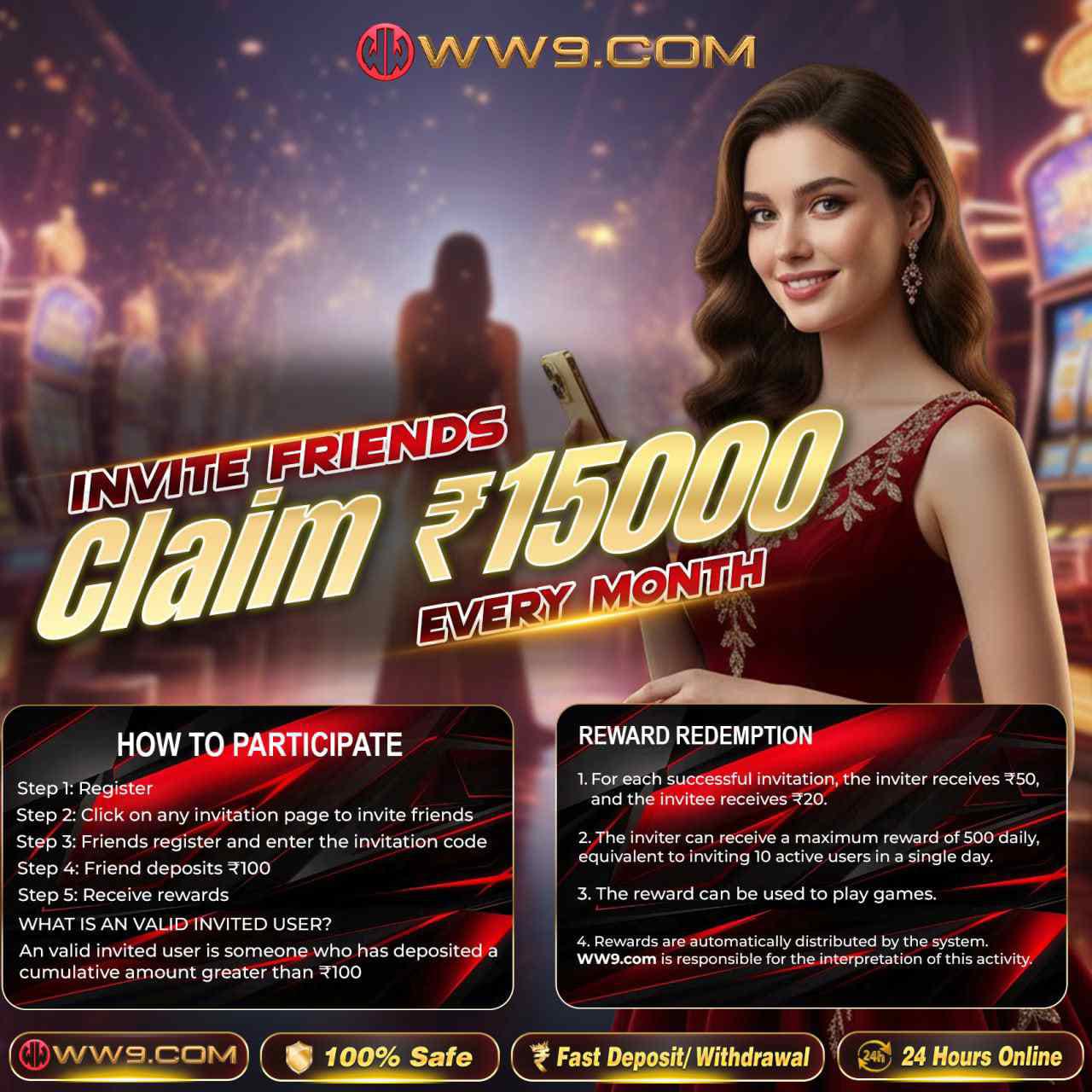 WW9 app invite friends banner showing claim ₹15000 every month reward offer on ww9.com