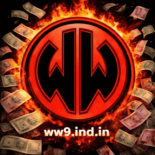 WW9 game logo with fire effect and Indian rupee notes, ww9.ind.in official gaming platform